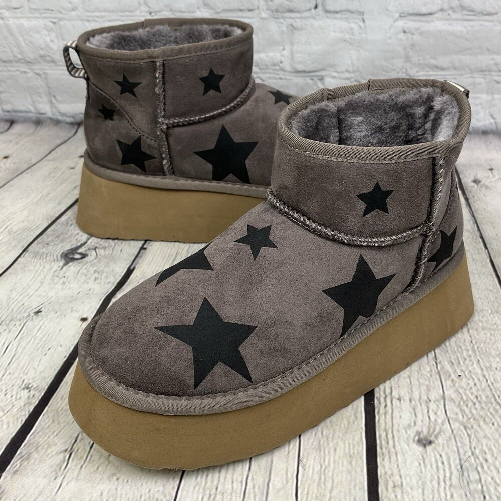 Steve Madden Fur Lined Ankle Boots Women's Size 6.5 Platform Gray Stars